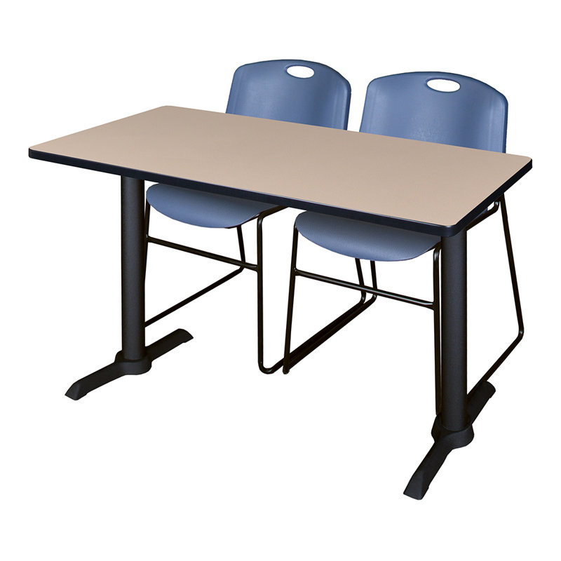 Neyland Cain T-Base training table and 2 Zeng stackable chairs, Cerisier, Bleu, L 48 po x P 24 po