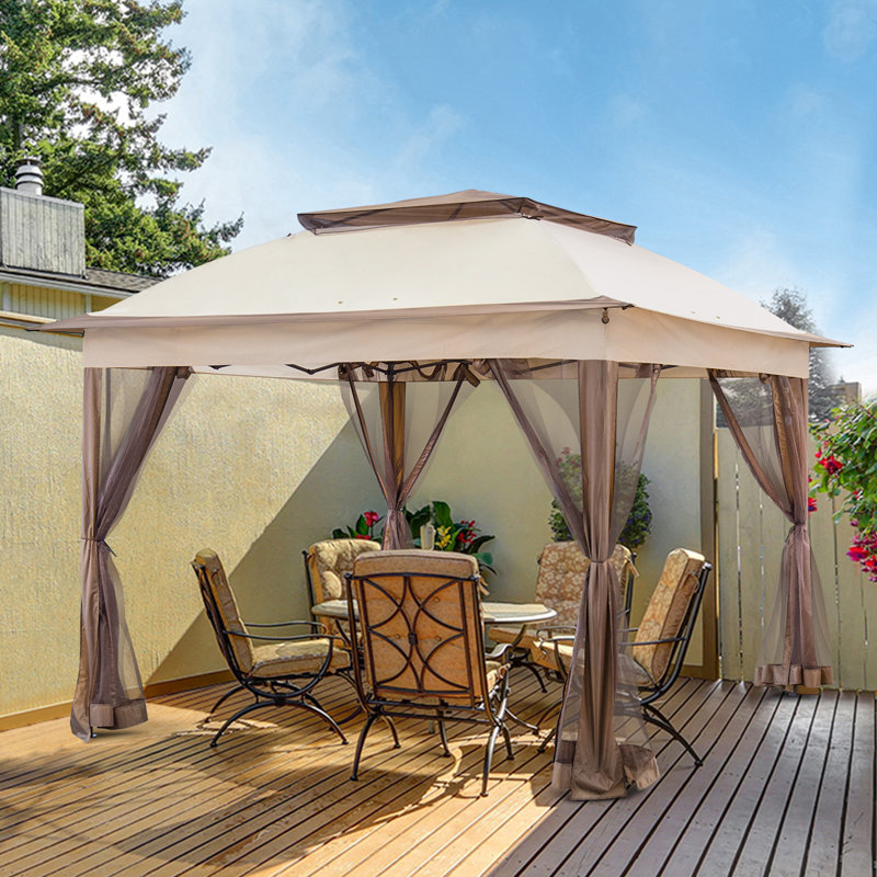 Beige Steel Pop-up Patio Gazebo with Mesh Walls, 11x11 Feet