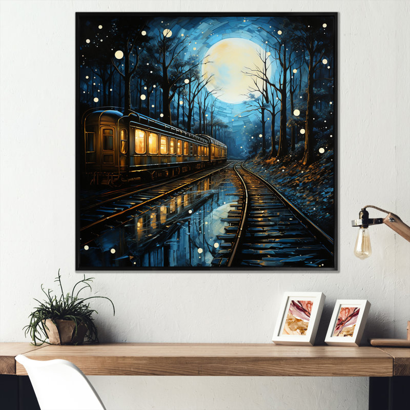 " Train Luminous Trails Pointillism ", Black Floater Framed, 16" H x 16" W x 1" D