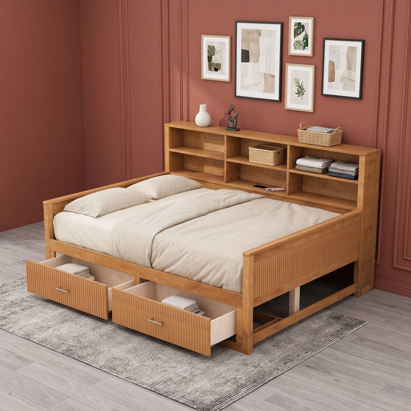 Lit de jour en bois avec 2 tiroirs, tablettes de rangement et station de recharge, Full, Walnut