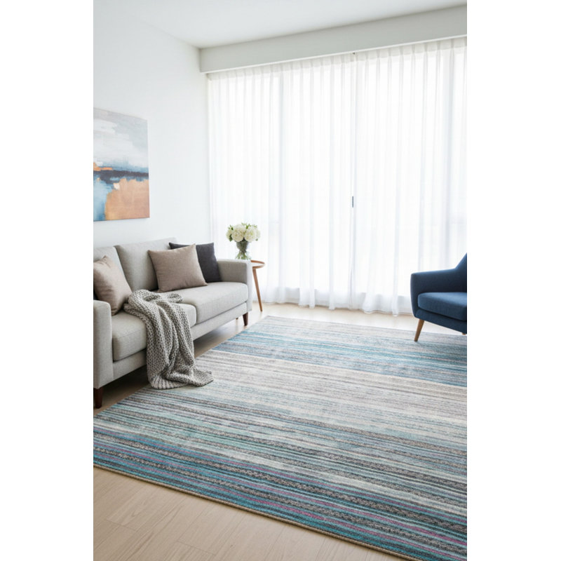 Tapis décoratif rayé bleu, beige et gris, Rectangle 9 pi 11 po x 13 pi 2 po