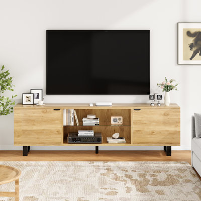 Meuble télé moderne avec tablettes réglables en verre pouvant accueillir un téléviseur de 75 po ou moins