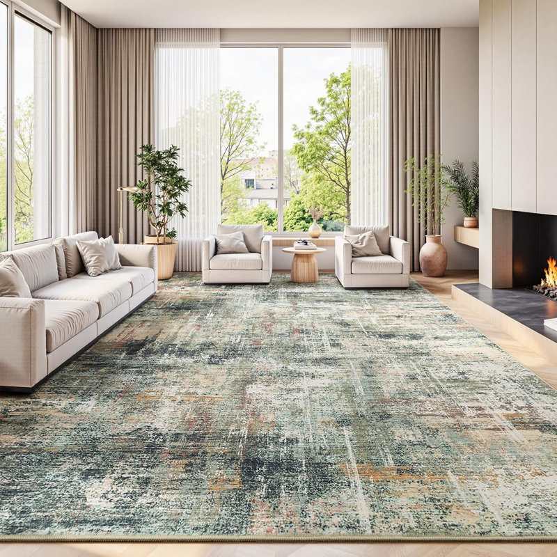 Tapis moderne neutre lavable de 2,74 m x 3,66 m, à motifs abstraits, couleur avoine/taupe/vert olive doux