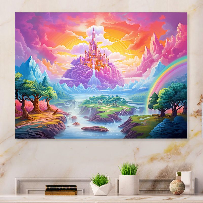 «Fantasy Rainbow Kawaii Castle Landscape» sur métal, H 30 po x l 40 po x P 1,5 po