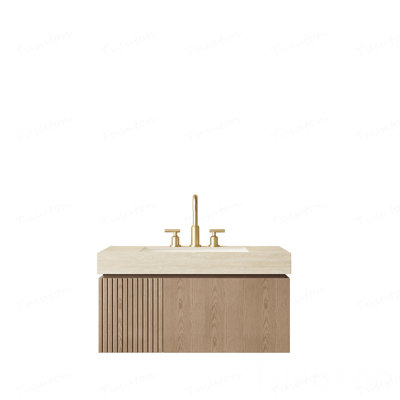 Meuble-lavabo et lavabo 36 po, armoire de rangement en contreplaqué flottant avec tiroir et porte, comptoir en pierre frittée Roma Travertine et lavabo en céramique avec 3 trous de robinet pré-percés, pré-assemblé