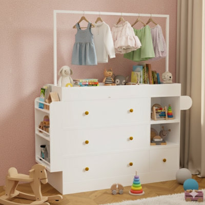 Modern Table Dresser, Baby Dressing Table With Three Extra Deep Drawers, Storage Shelves And Hangers, Multi-Functional Baby Changing Table With Drying