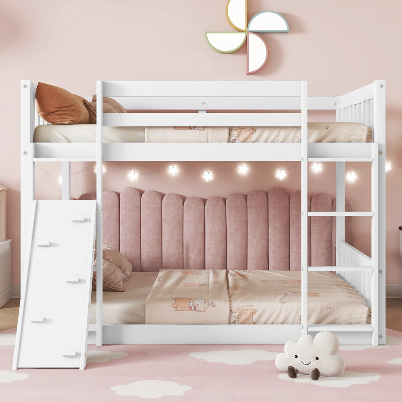 Twin Over Floor Bunk Bed With Playhouse, Climbing Ramp, - Space Saving Bedroom Setup , White Modern Essential Piece