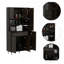 Armoire de cuisine, deux tablettes ouvertes, un tiroir, plusieurs armoires, noir