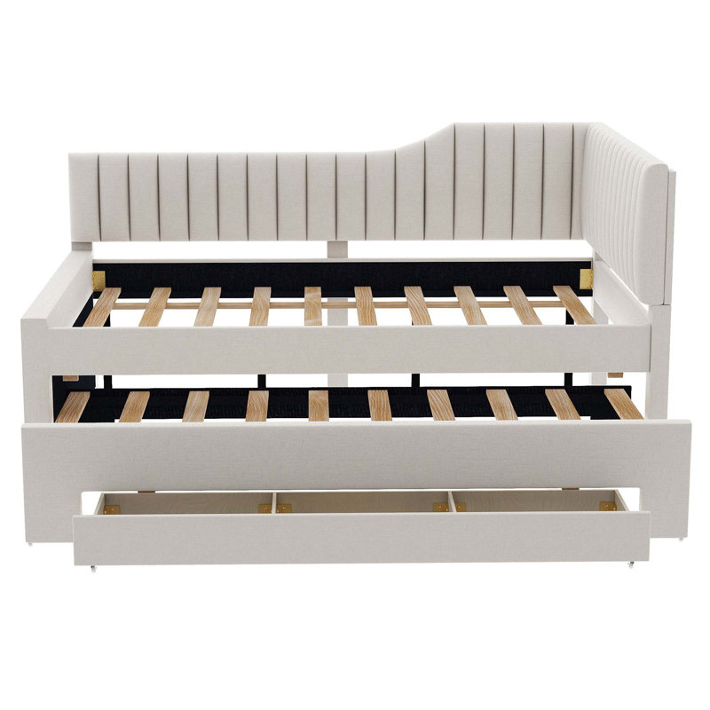 Lit de jour rembourré avec lit gigogne et trois tiroirs, Complet/Double, Beige