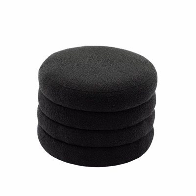 Boucle Fabric Storage Round Ottoman Footstool With Wooden Shelving by George Oliver