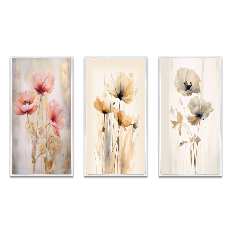 «Coral Vibrant Poppies», 3 pièces, Cadre flottant blanc, H 20 po x l 36 po