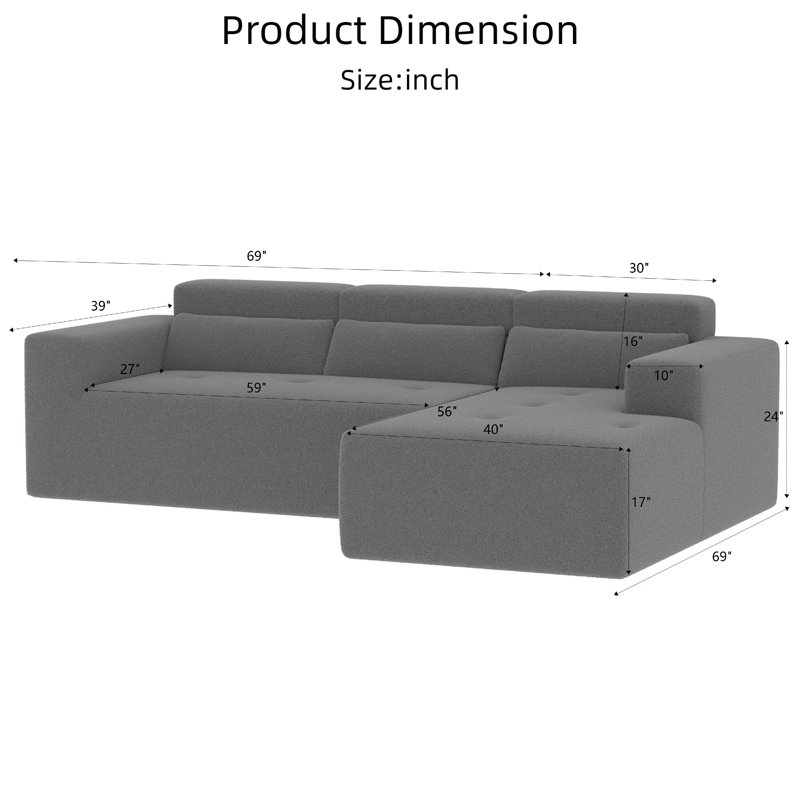 Canapé modulaire de 109 po, canapé en forme de L en peluche avec méridienne de 109 po, canapé modulaire 3 pièces pour salon et appartement, aucun assemblage requis