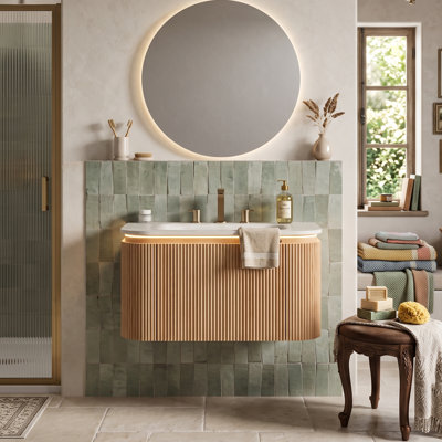 30/36/48" Modern Floating Bathroom Vanity with Sintered Stone Sink, Plywood Cabinet & 1 Drawer, 1/3-Hole Options (Natural Wood)