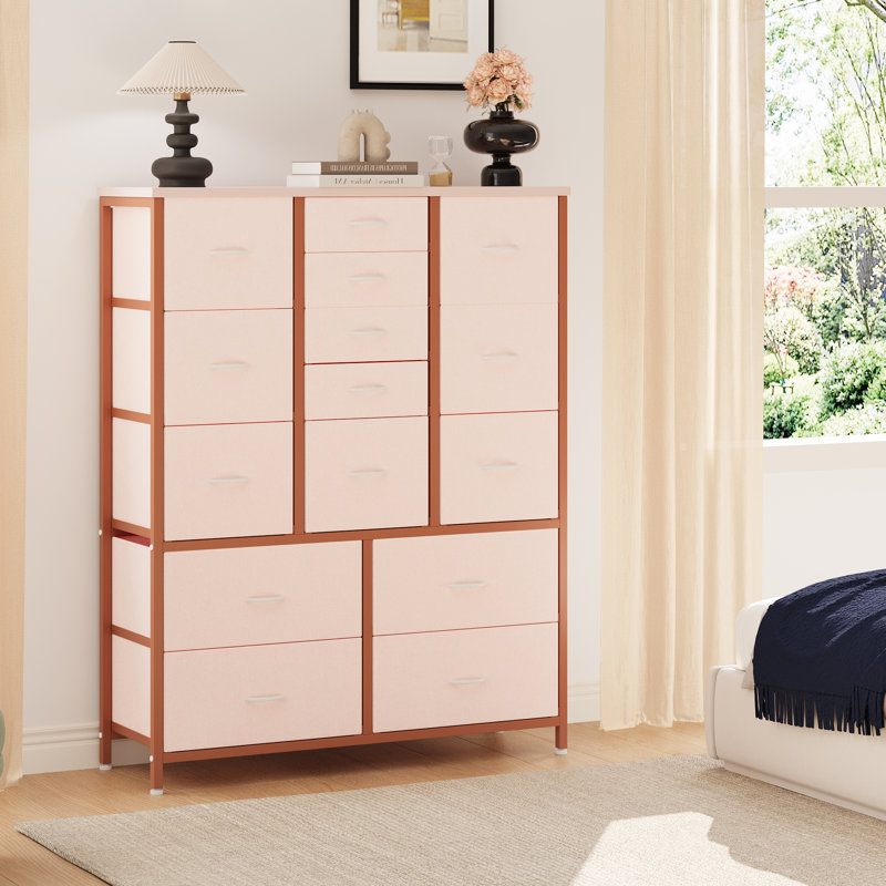 15 Drawer Tall Dresser Organizer – Large Fabric Storage Chest with Sturdy Metal Frame & Wood Top, Easy-Pull Handles, for Bedroom, Closet, Hallway, Entryway, Living Room – Deco