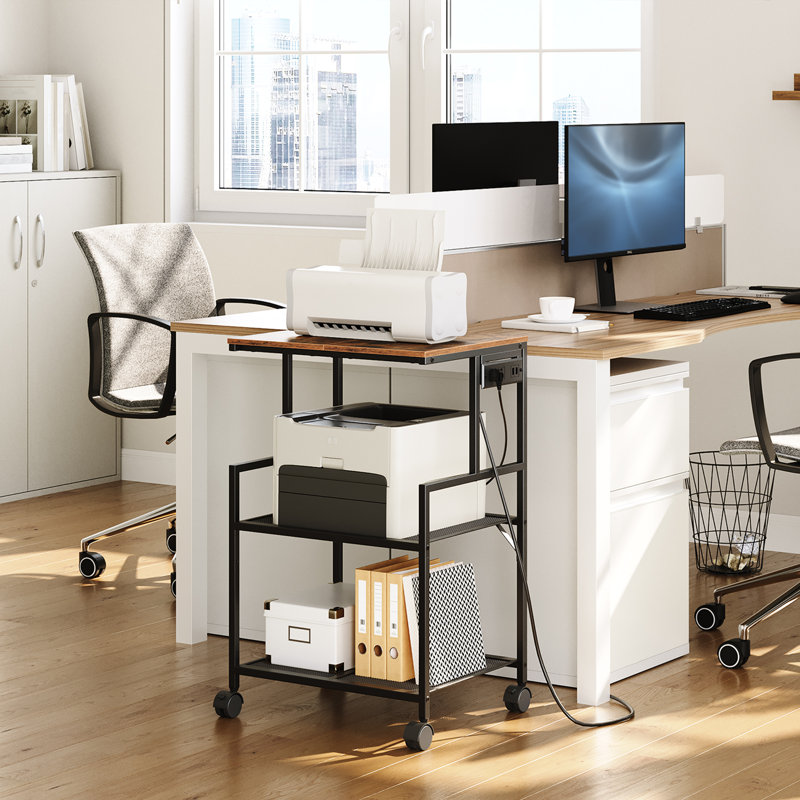 Chariot d'imprimante mobile à 3 niveaux avec prises de courant et 2 ports USB sur roulettes, Brun
