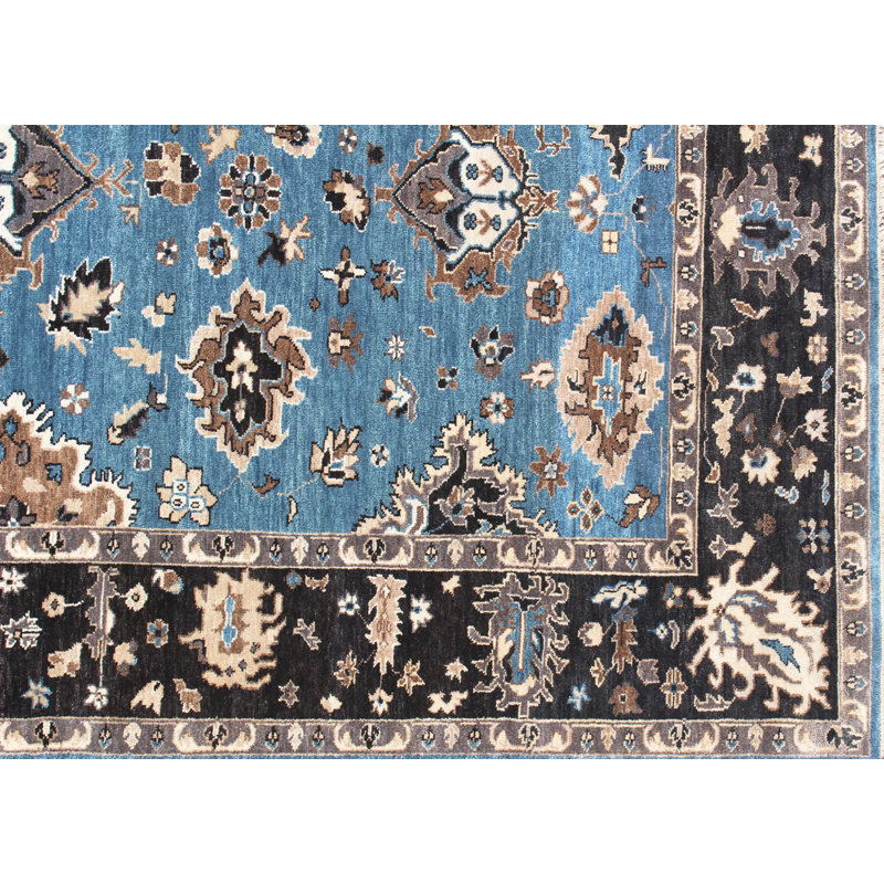 Hand-Knotted Light Blue & Brown Oushak Wool Area Rug – Traditional Floral Oriental Design with Dark Border for Living Room & Bedroom
