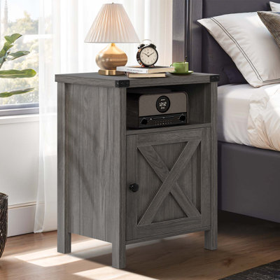 Farmhouse Nairoby Nightstand, End Table, End Tables with Barn Door and Shelf, Modern Bed Side Table Rustic Nightstands Set for Bedroom, Living Room ﻿