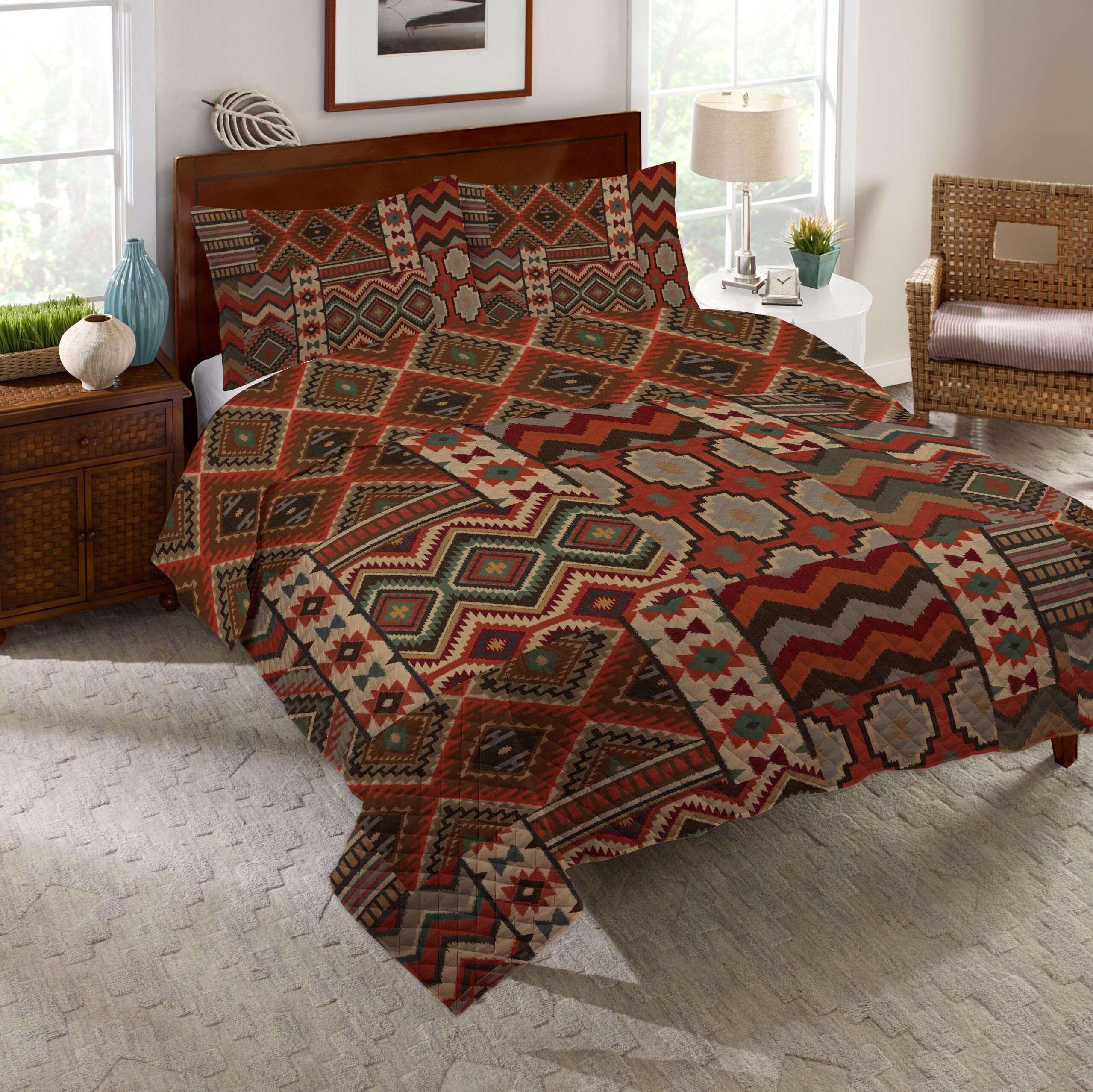 Ravalli Red/Brown/Green Microfiber Reversible 3 Piece Quilt Set Loon Peak Size: Queen Quilt + 2 Standard Shams