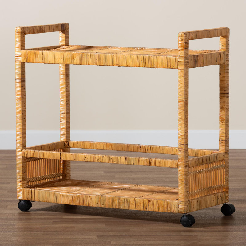 Cellan Modern Bohemian Natural Brown Rattan And Teak Wood 2-Tier Kitchen Cart