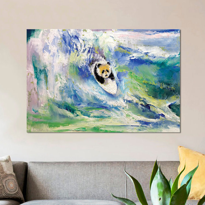 « panda surfer », peinture sur toile tendue, H 18 po x l 26 po x P 1,5 po, Toile tendue, Pas de tapis