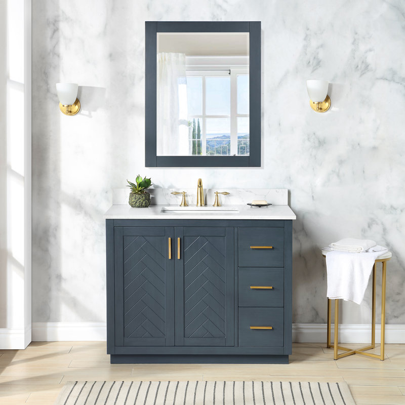 Meuble-lavabo sur pied simple 42 po avec plateau en pierre reconstituée et miroir, Bleu gris anthracite