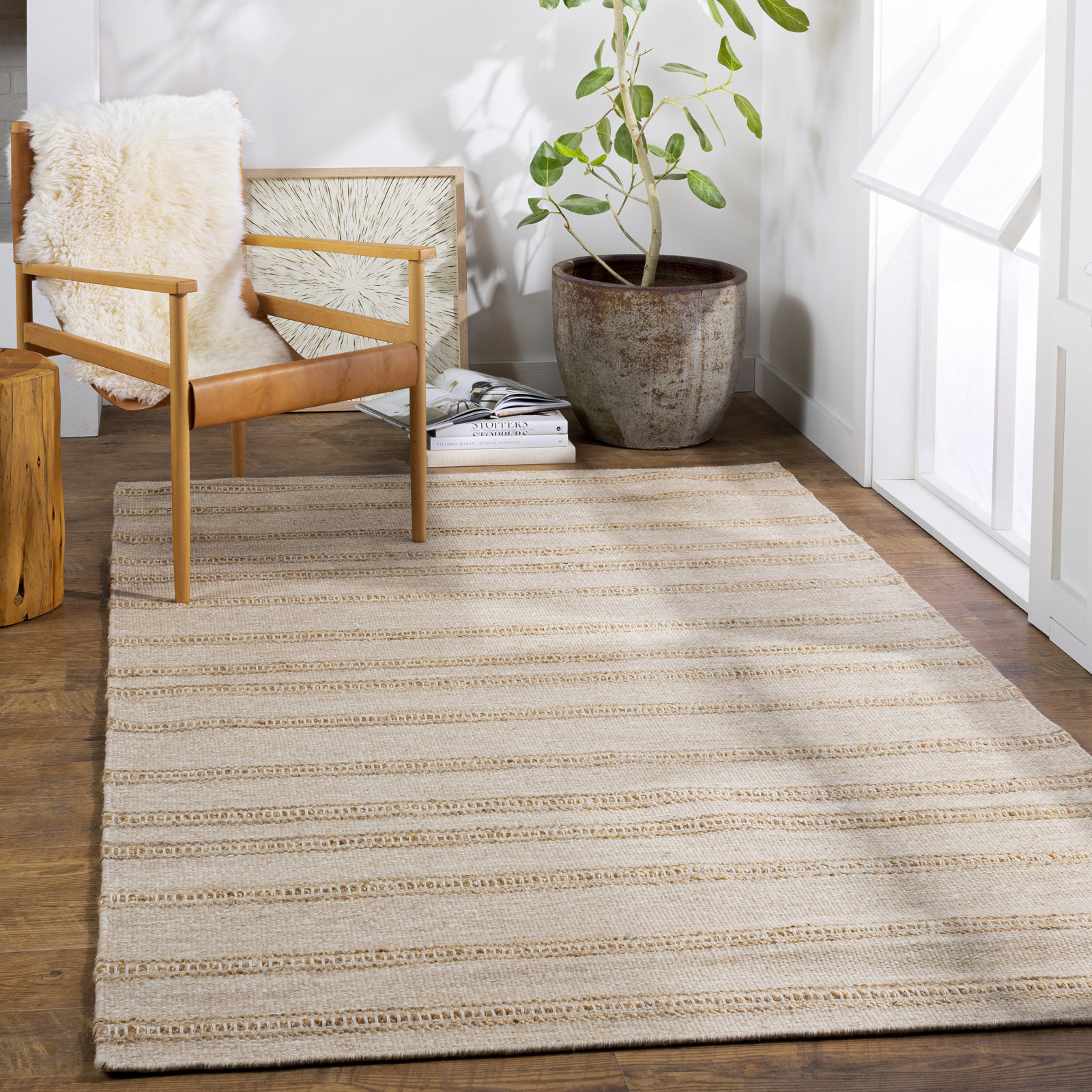 Lila Light Gray Hand-Woven Striped Jute Rug, Rectangle 5' x 8'