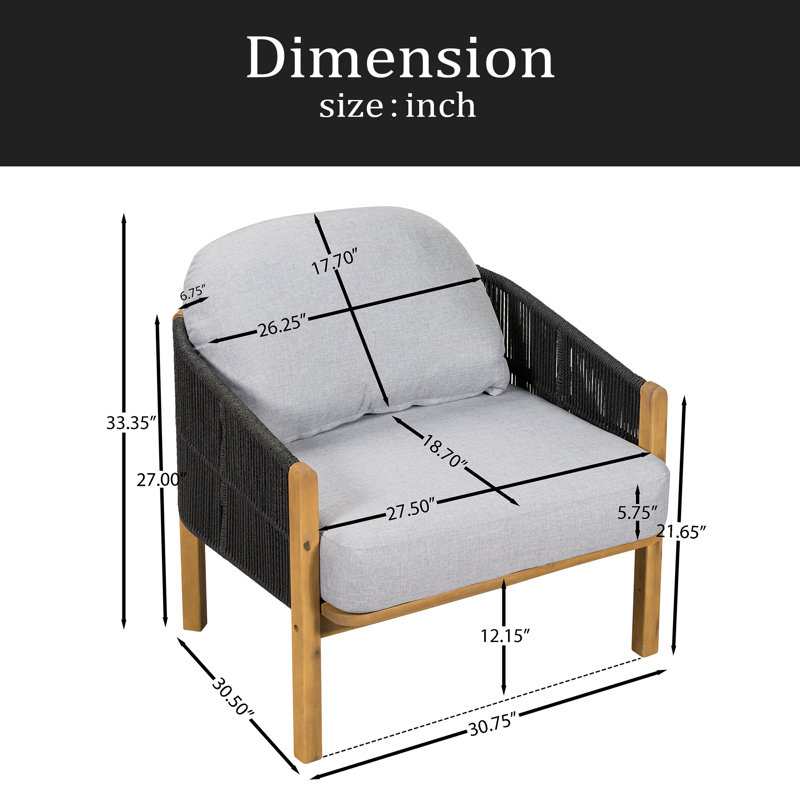 Fauteuil club d'extérieur en bois, Coussin gris/cadre noir