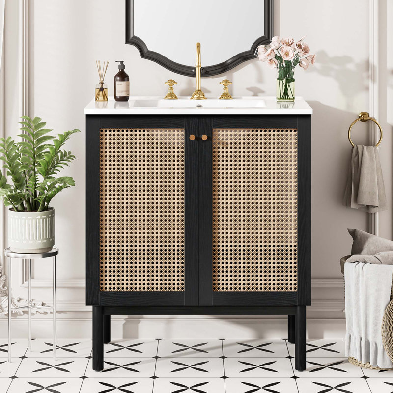 Canella 30" Bathroom Vanity With Ceramic Sink, Handwoven Rattan Doors, Solid Bamboo Legs & Frame, Black