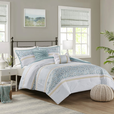 Literie en seersucker double avec coussins décoratifs - Dans l'édredon bleu, motifs floraux de style édredon