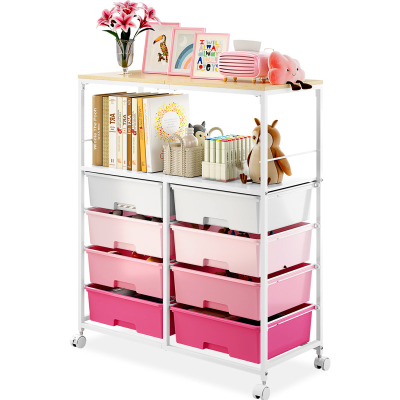 8 Drawers Rolling Storage Cart with Wooden Top, Multipurpose Utility Cart with Opening Shelf & Lockable Wheels, Storage Drawer Rolling Cart Organizer