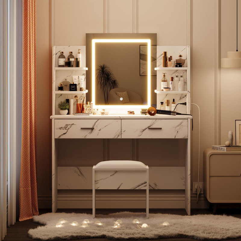 Ensemble de coiffeuse avec miroir lumineux, ensemble de coiffeuse avec prise de courant, Noir marbré