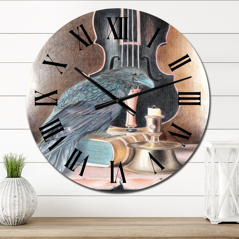 Corbeau sur un livre avec violon I - Horloge murale bohémienne et éclectique, Moyen
