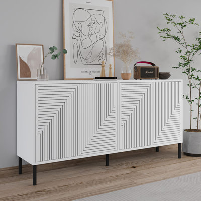 Console moderne blanche avec portes à pousser, 59,1 po x 29,5 po x 14,2 po | 100% panneau de particules enduit de mélamine, pieds en métal, fixation murale, tablettes multiples | Conception géométrique élégante pour la maison et le bureau