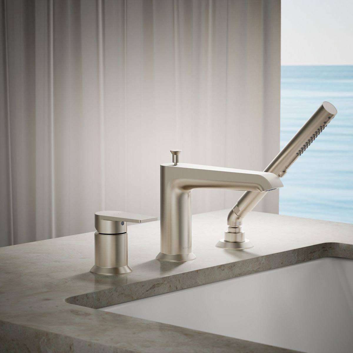 Hint Deck-Mount Bath Faucet with Handshower, Vibrant Brushed Nickel