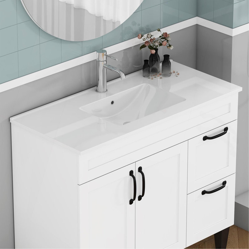 Lavabo de salle de bain en céramique blanche de 36 pouces, convient à un meuble-lavabo de 36 pouces, trou de robinet pré-percé, design minimaliste moderne, durable et facile à nettoyer