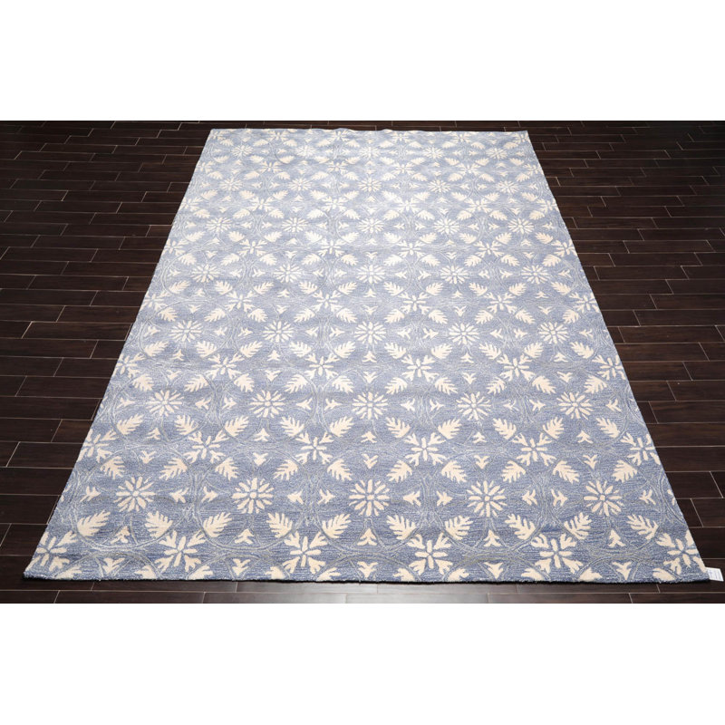 Tapis oriental bleu botanique en laine touffeté à la main 9 pi 6 po x 12 pi 5 po Canora