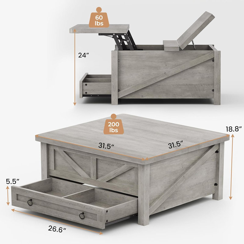 Gray Square Wood Lift-Top Coffee Table with Storage