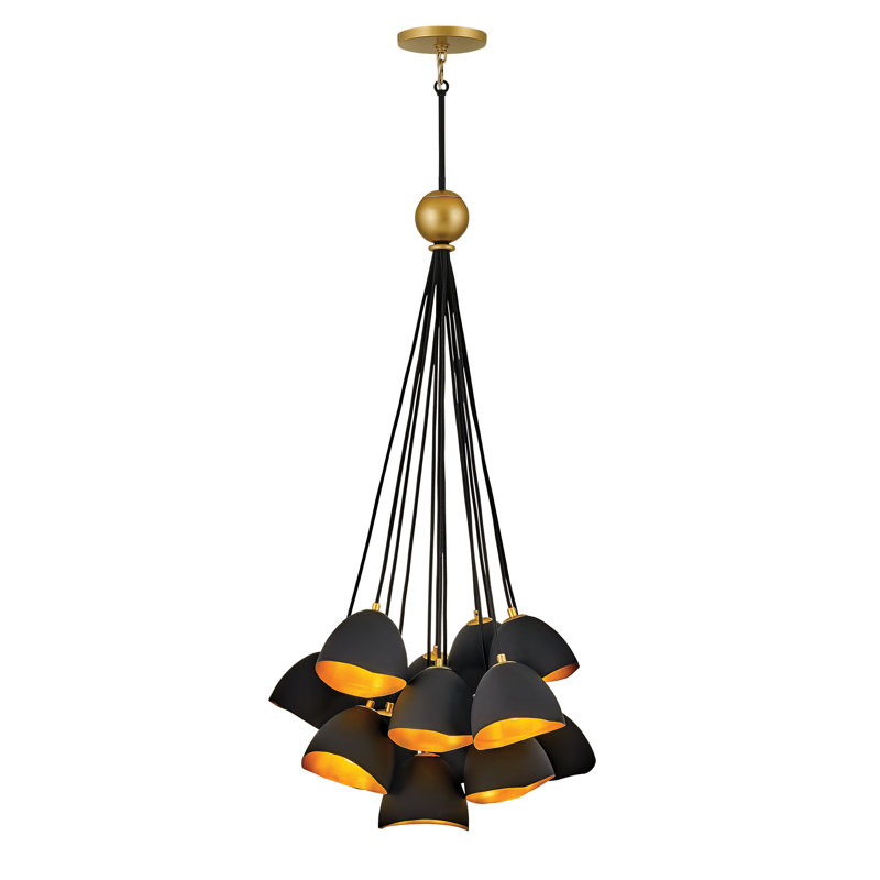 Nula 15-Light Shell Black and Gold Leaf Cluster Pendant