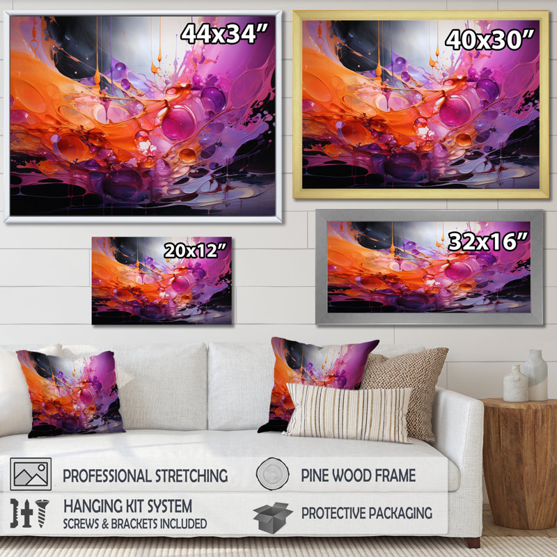 Collage de fractales abstraites orange, gambe et mauve, Toile tendue, H 34 po x l 44 po x P 1,5 po