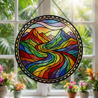 12"H Mountain River Stained Glass Window Panel