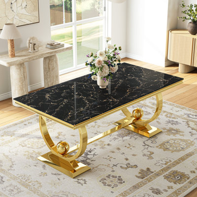 Modern Dining Table, 68.9" Rectangular Faux Marble Tempered Glass Top with Stainless Steel Double O-Shaped Base, Luxury Dining Room Table for Kitchen