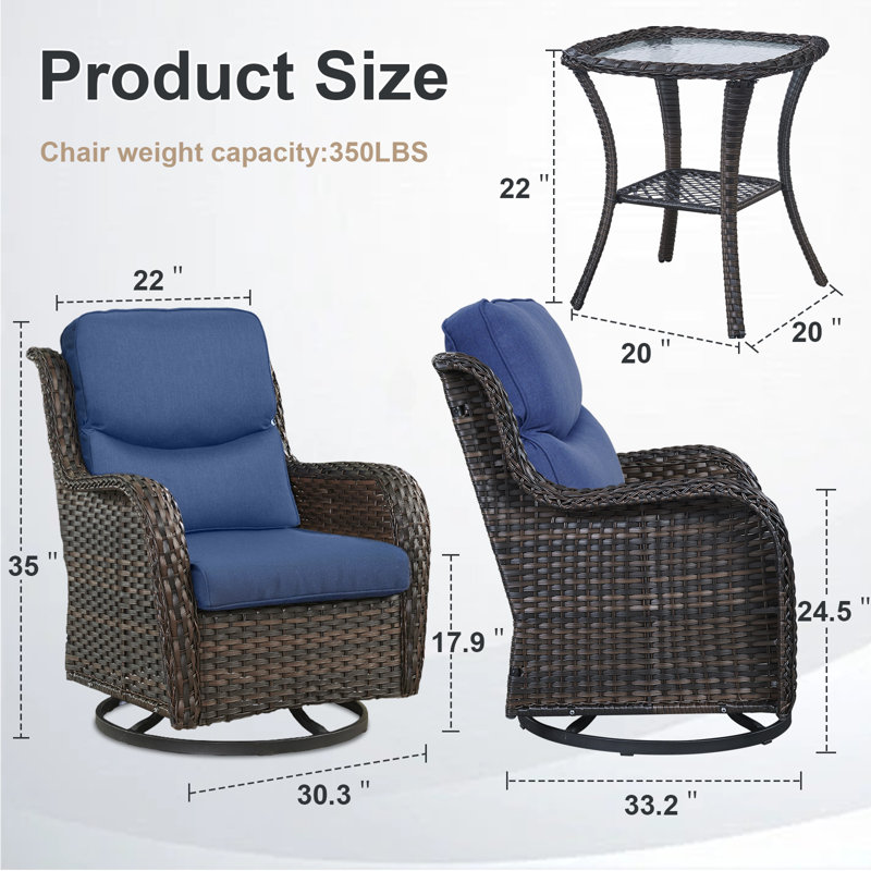 Chaises berçantes pivotantes d'extérieur en rotin avec coussins et table d'appoint Koba, Bleu, Brun