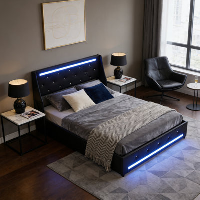 Queen Bed Frame Faux Leather Upholstered Bed Frame Platform Bed Frame with Storage Drawers, Storage Pockets, Adjustable LED Lights and Charging Station