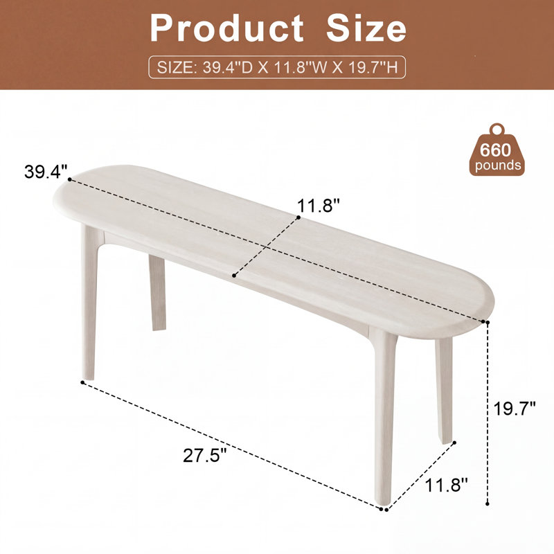 Curved Edge Solid Wood Bench – Multi-Functional for Entry, Dining Chair, or Bed End, White