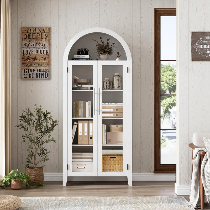 63'' Tall Arched Bookcase with 2 Large Glass Doors, Farmhouse 5 Tier Pantry Storage Cabinet with Adjustable Shelf, for Living Room, Dining, Kitchen, White
