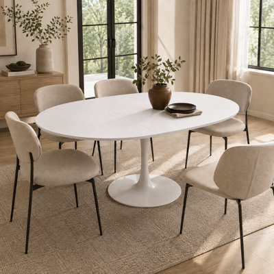 57.87'' Extendable Round Dining Table for 4-6, White MDF Tabletop with Metal Pedestal Base, Modern Oval Tulip Dining Table