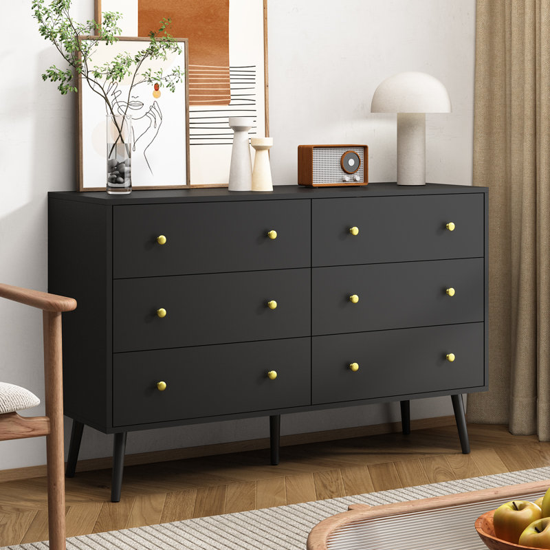 Commode pour chambre Dantee, commode 6 tiroirs avec poignées dorées, commodes modernes et commodes, Noir