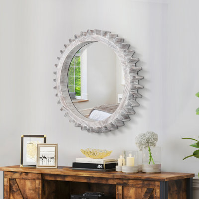 Vintage 17'' x 17'' Wood Round Hanging Gear Shape Decorative Mirror