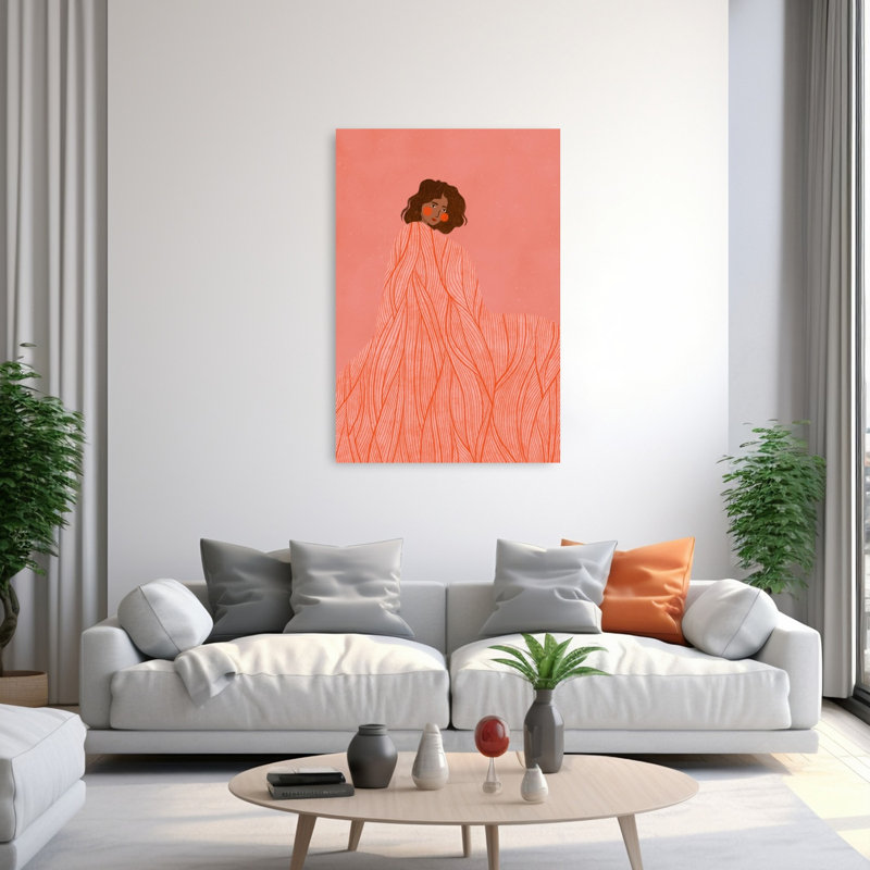 Coral Woman Dreaming Abstract Dreamy Minimalist Portrait Wall Art Print by Bea Muller - Wrapped Canvas Print