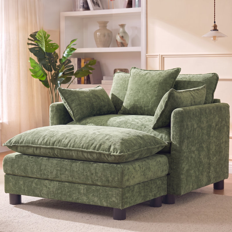 Ensemble de fauteuil club surdimensionné élégant et repose-pieds, chaise longue en tissu texturé crème, Vert